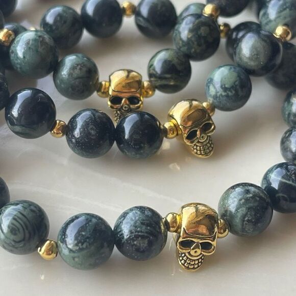 Kambaba skull crystal stone ONE NEW stretch bracelet green black handmade medita - Picture 5 of 9